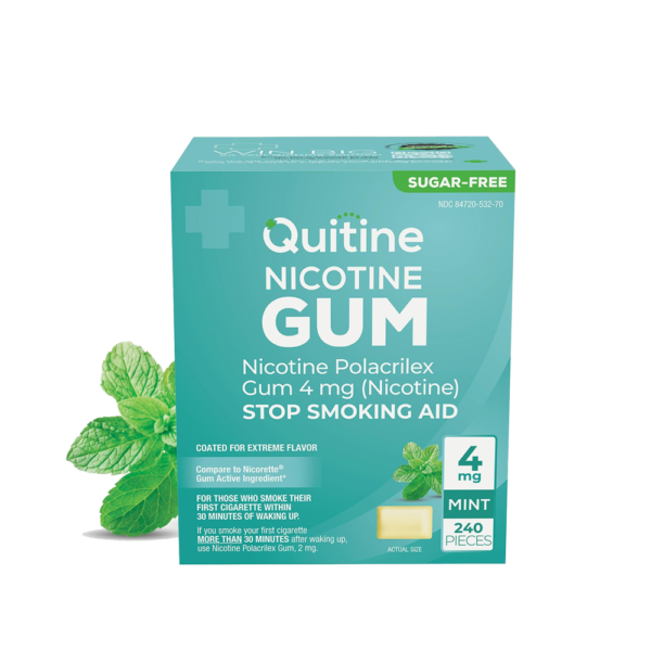 Quitine Nicotine Gum 4mg, Mint Flavor, Stop Smoking Aid – Relieve Nicotine Cravings with Effective, Affordable NRT | Long-Lasting Flavor, 240 Count, Traditional Gum to Support Your Quit Journey