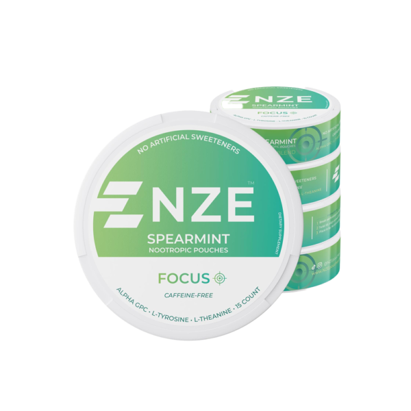 NZE Caffeine Free Nootropic Pouches (Spearmint) - Nootropic Pouches with Alpha GPC, L-Tyrosine & L-Theanine - No Sugar or Artificial Sweeteners - 15 Nicotine Free Pouches Per Can - 5 Pack