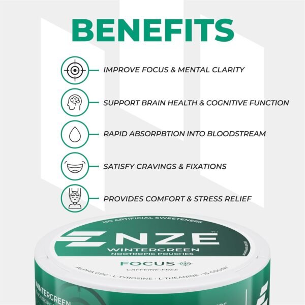 NZE Caffeine Free Nootropic Pouches (Wintergreen) - Nootropic Pouches with Alpha GPC, L-Tyrosine & L-Theanine - No Sugar or Artificial Sweeteners - 15 Nicotine Free Pouches Per Can - 5 Pack - Image 5