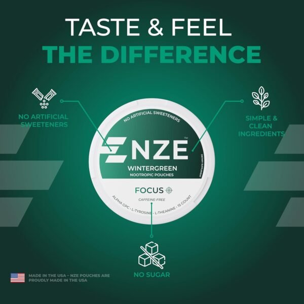NZE Caffeine Free Nootropic Pouches (Wintergreen) - Nootropic Pouches with Alpha GPC, L-Tyrosine & L-Theanine - No Sugar or Artificial Sweeteners - 15 Nicotine Free Pouches Per Can - 5 Pack - Image 4