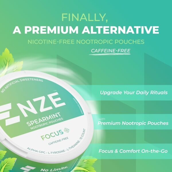 NZE Caffeine Free Nootropic Pouches (Spearmint) - Nootropic Pouches with Alpha GPC, L-Tyrosine & L-Theanine - No Sugar or Artificial Sweeteners - 15 Nicotine Free Pouches Per Can - 5 Pack - Image 5
